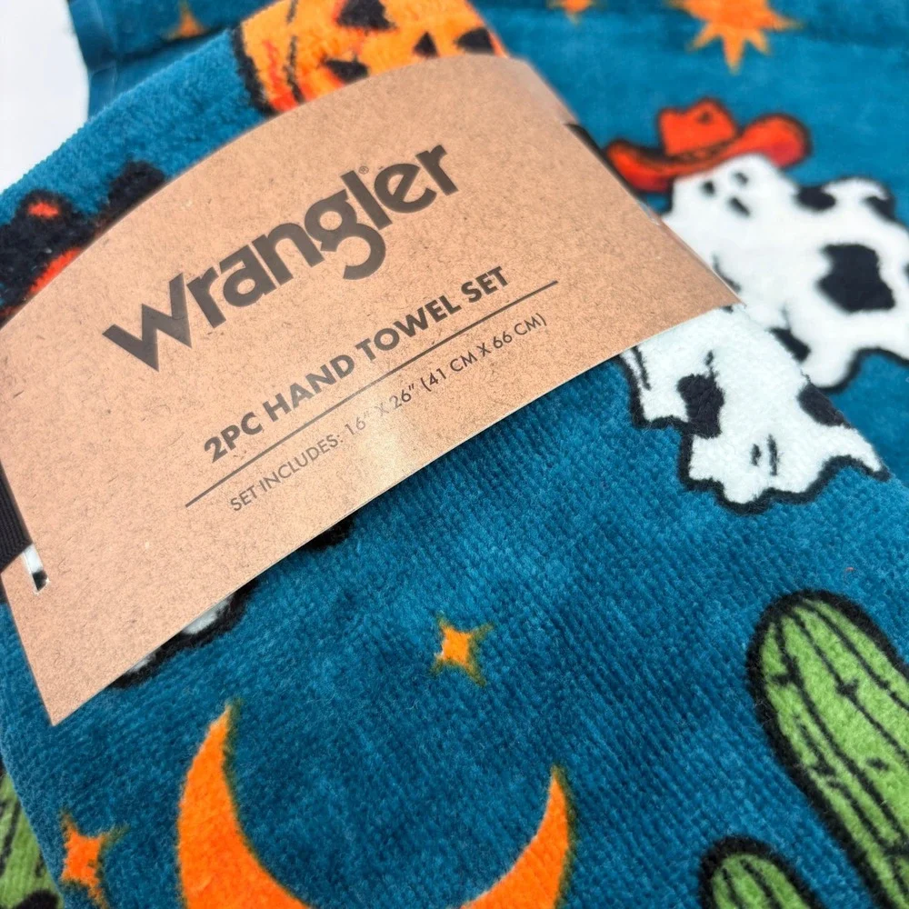 Wrangler Halloween Towel Set 4pc Teal Cowboy Ghost Pumpkin Cactus Cotton NEW